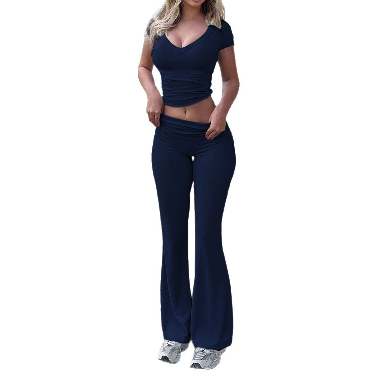 Casual sports women's solid color short sleeved T-shirt long pants 2-piece set
