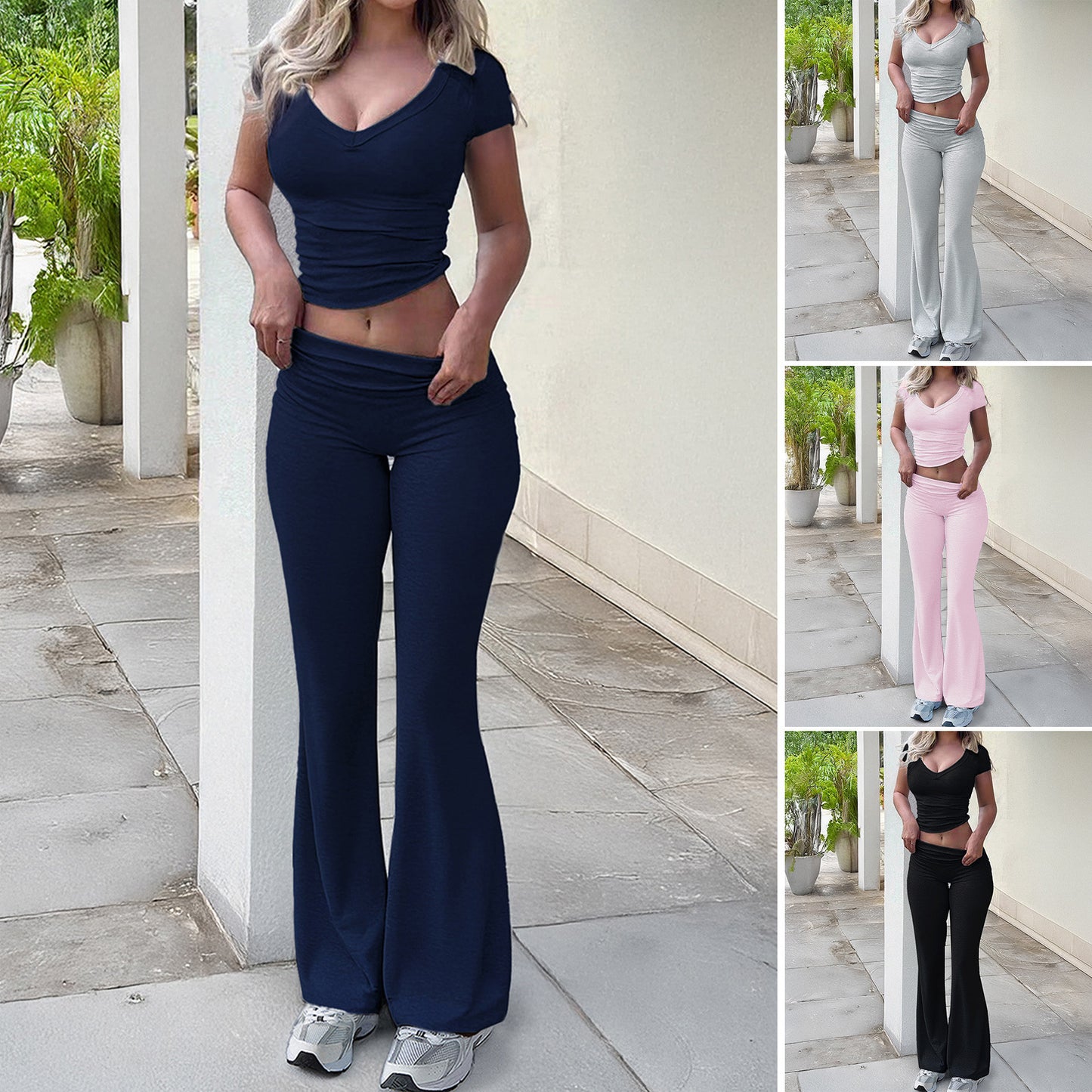 Casual sports women's solid color short sleeved T-shirt long pants 2-piece set