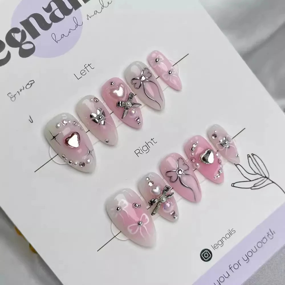 24 Stück süße falsche Nagelflicken, abnehmbare künstliche Nagelspitzen mit Schleifen, Liebesherz, Perlendesign, rosa Mandel, koreanisches Aufdrücken des Nagels