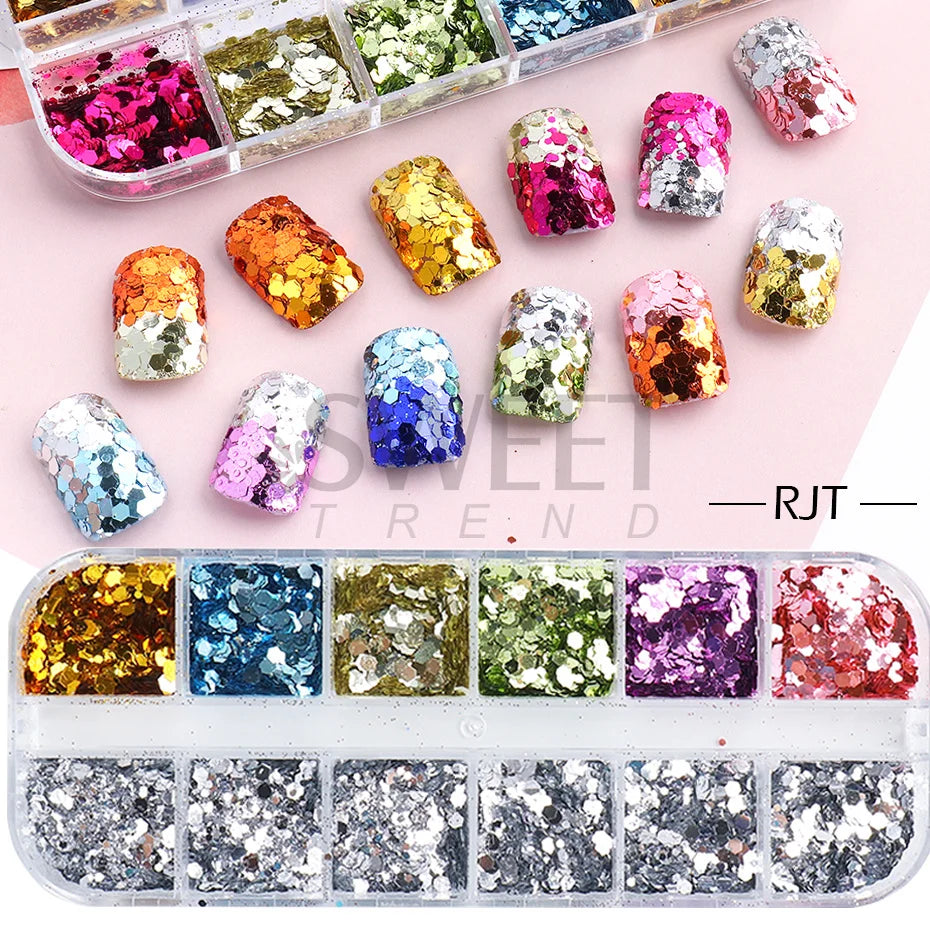12 Grids Love Heart Nail Glitter Sequin Holo Nail Flakes Shiny Irridescent Laser Mix New Year Paillette Valentine Sequin BERX04
