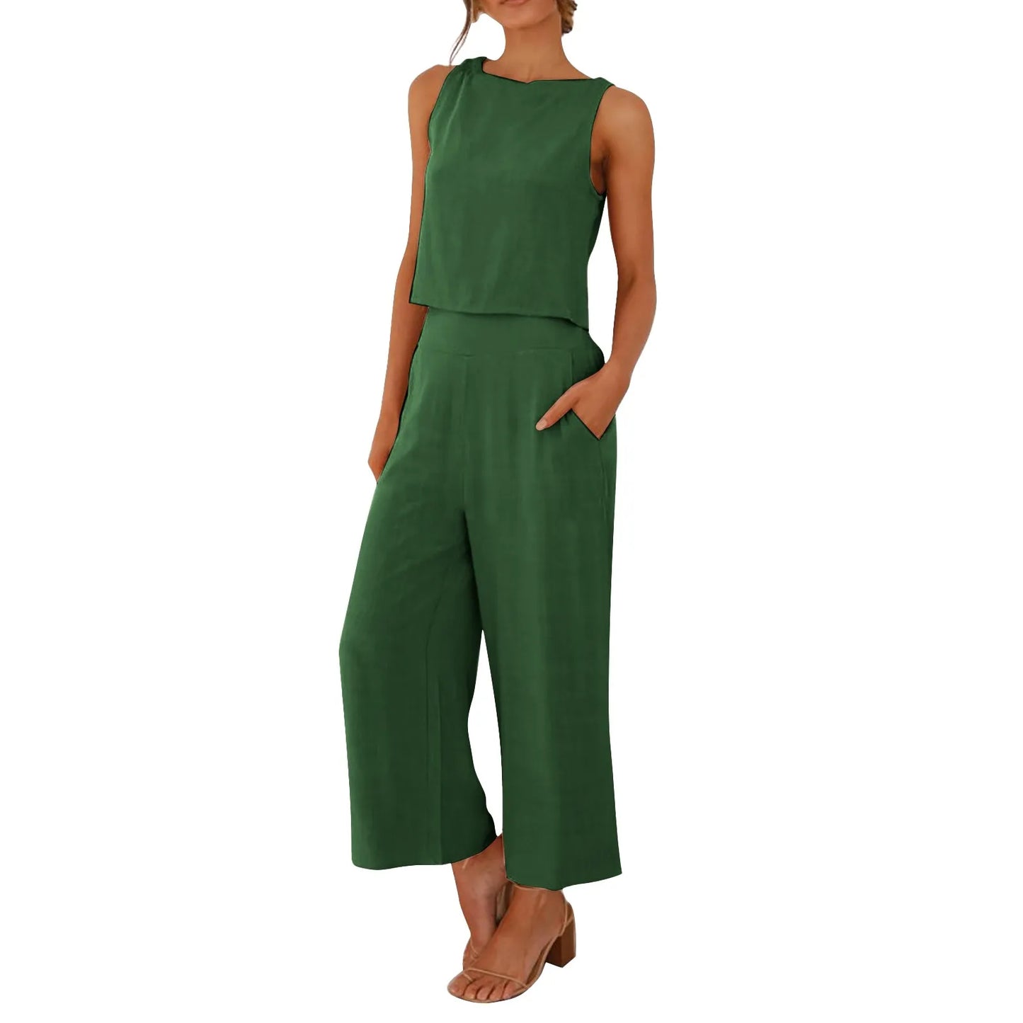 Damen Sommer Casual Leinen 2 Stück Hosen Set Solide Elegante Zwei Stück Anzug Ärmellose Weite Bein Hosen 2024 Neue In Passenden Sets