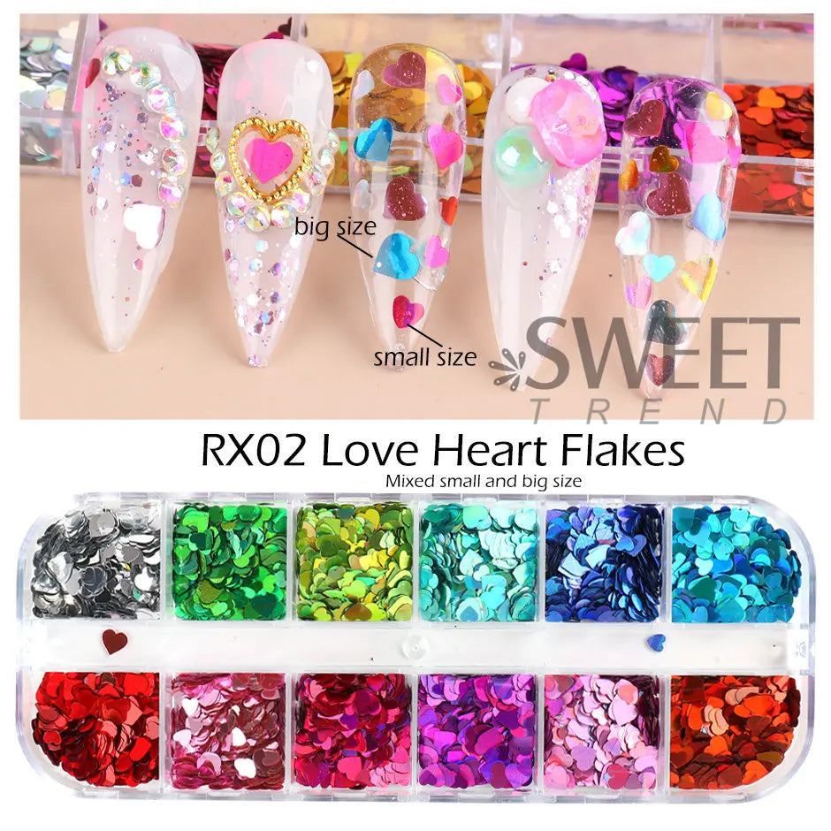 12 Grids Love Heart Nail Glitter Sequin Holo Nail Flakes Shiny Irridescent Laser Mix New Year Paillette Valentine Sequin BERX04