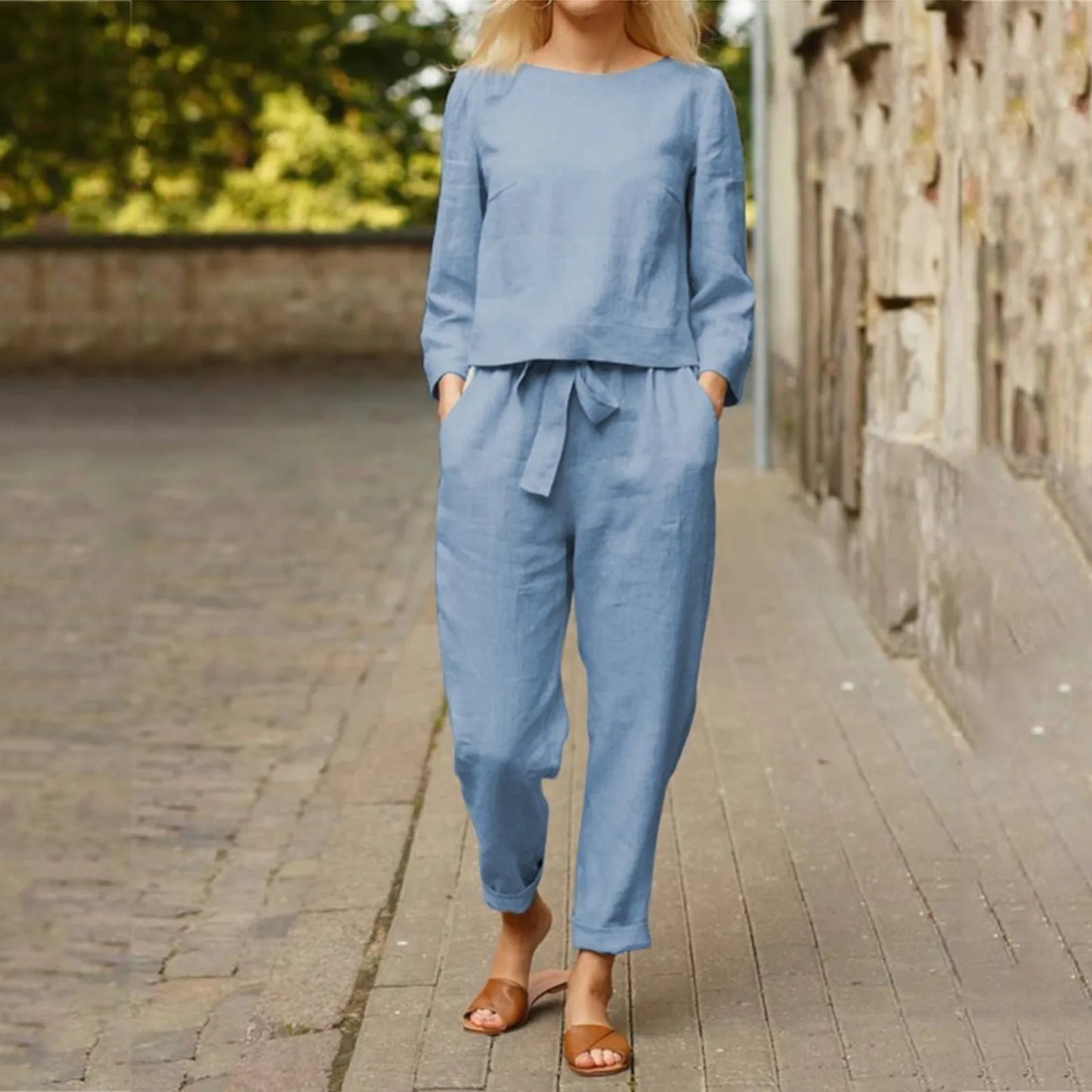 Elegantes 2-teiliges Damen-Sportbekleidungsset aus Baumwolle für den Herbst, Langarm-Oberteil, lockere Hosen, lässige Damenmode-Anzüge