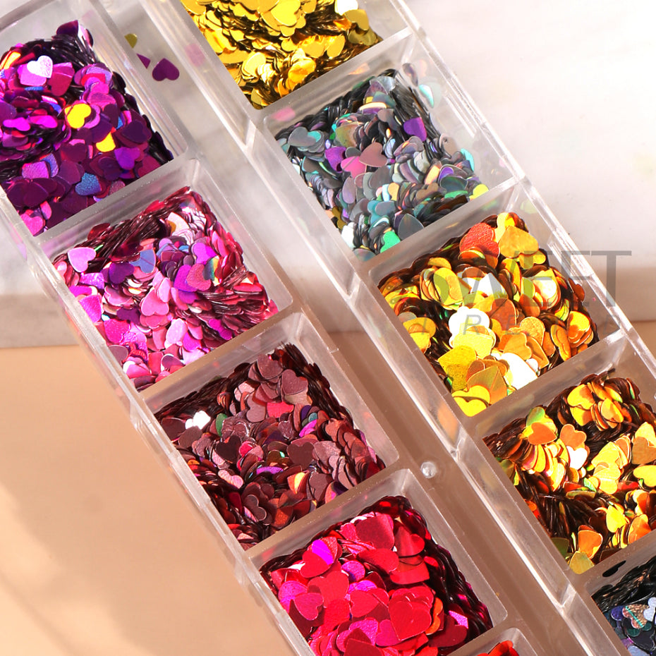 12 Grids Love Heart Nail Glitter Sequin Holo Nail Flakes Shiny Irridescent Laser Mix New Year Paillette Valentine Sequin BERX04