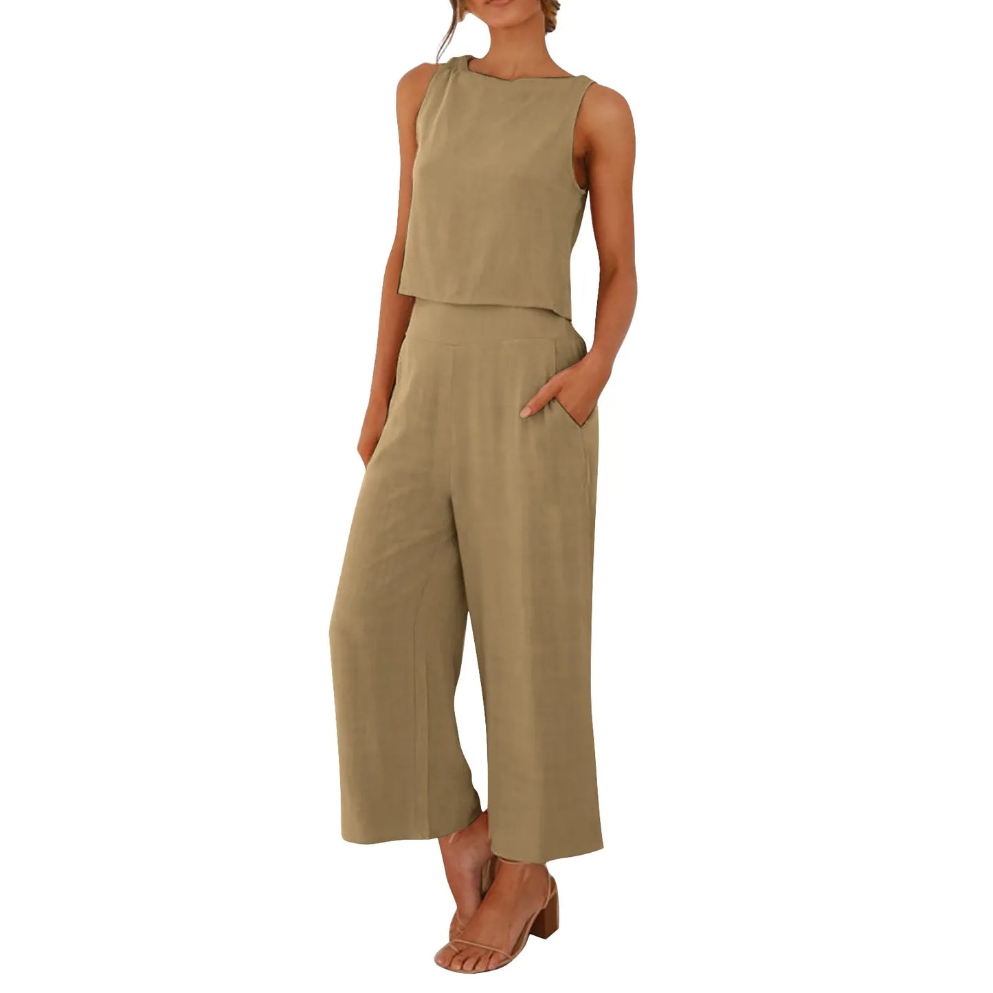 Damen Sommer Casual Leinen 2 Stück Hosen Set Solide Elegante Zwei Stück Anzug Ärmellose Weite Bein Hosen 2024 Neue In Passenden Sets