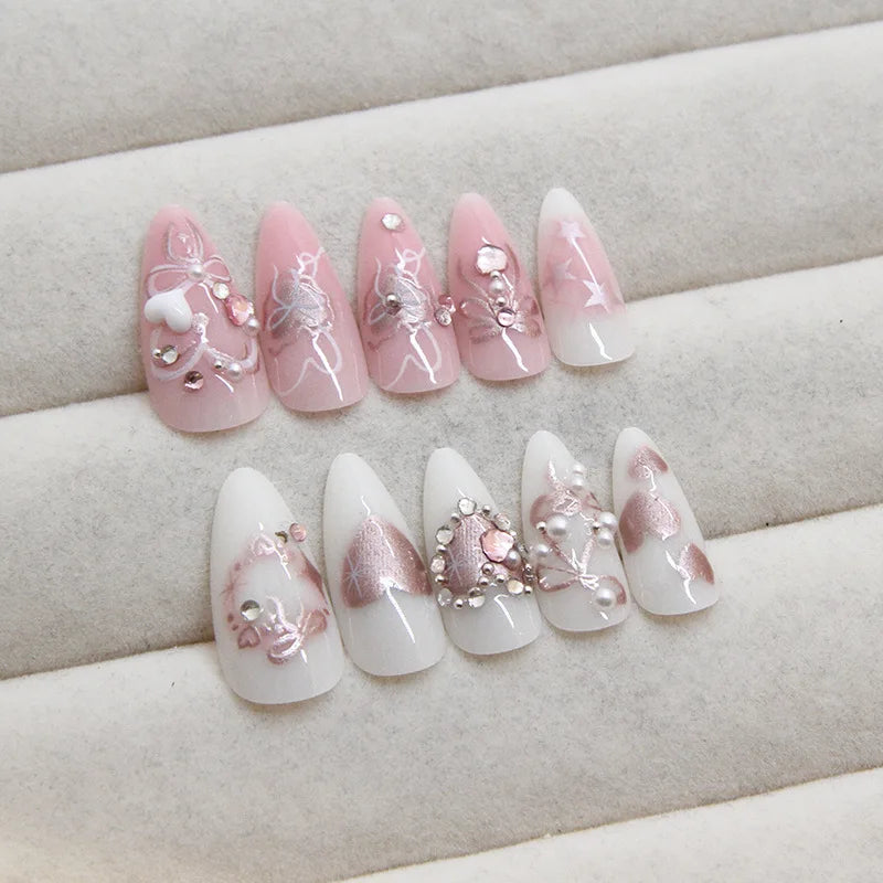 24 Stück süße falsche Nagelflicken, abnehmbare künstliche Nagelspitzen mit Schleifen, Liebesherz, Perlendesign, rosa Mandel, koreanisches Aufdrücken des Nagels
