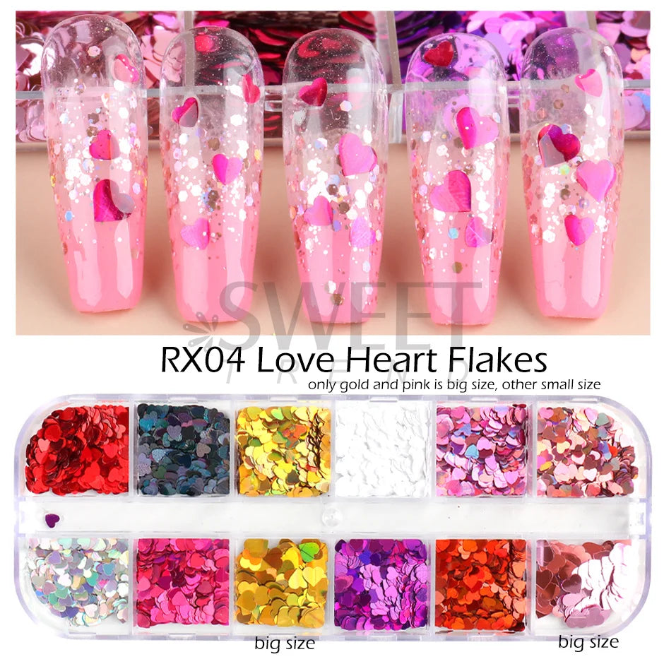 12 Grids Love Heart Nail Glitter Sequin Holo Nail Flakes Shiny Irridescent Laser Mix New Year Paillette Valentine Sequin BERX04