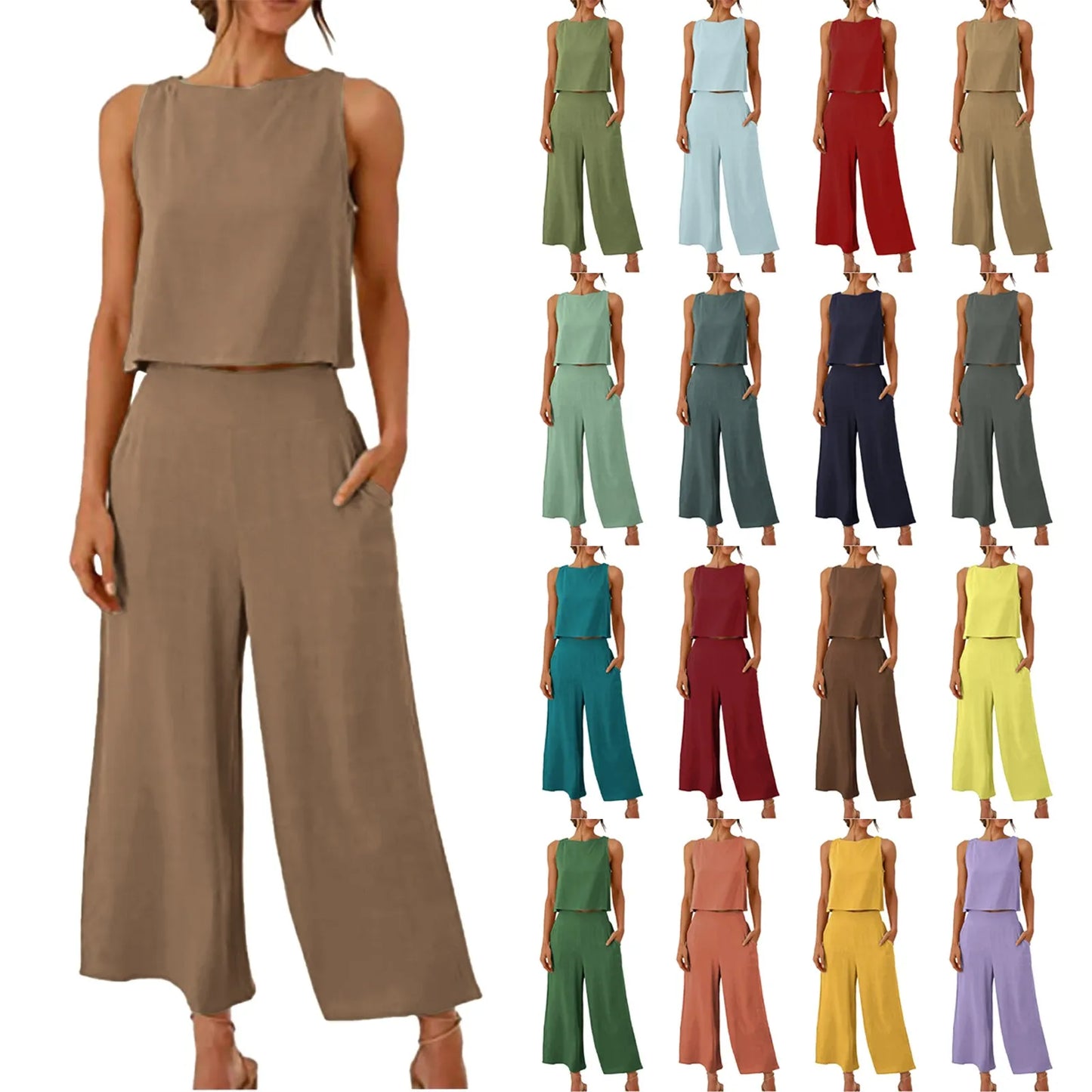 Damen Sommer Casual Leinen 2 Stück Hosen Set Solide Elegante Zwei Stück Anzug Ärmellose Weite Bein Hosen 2024 Neue In Passenden Sets