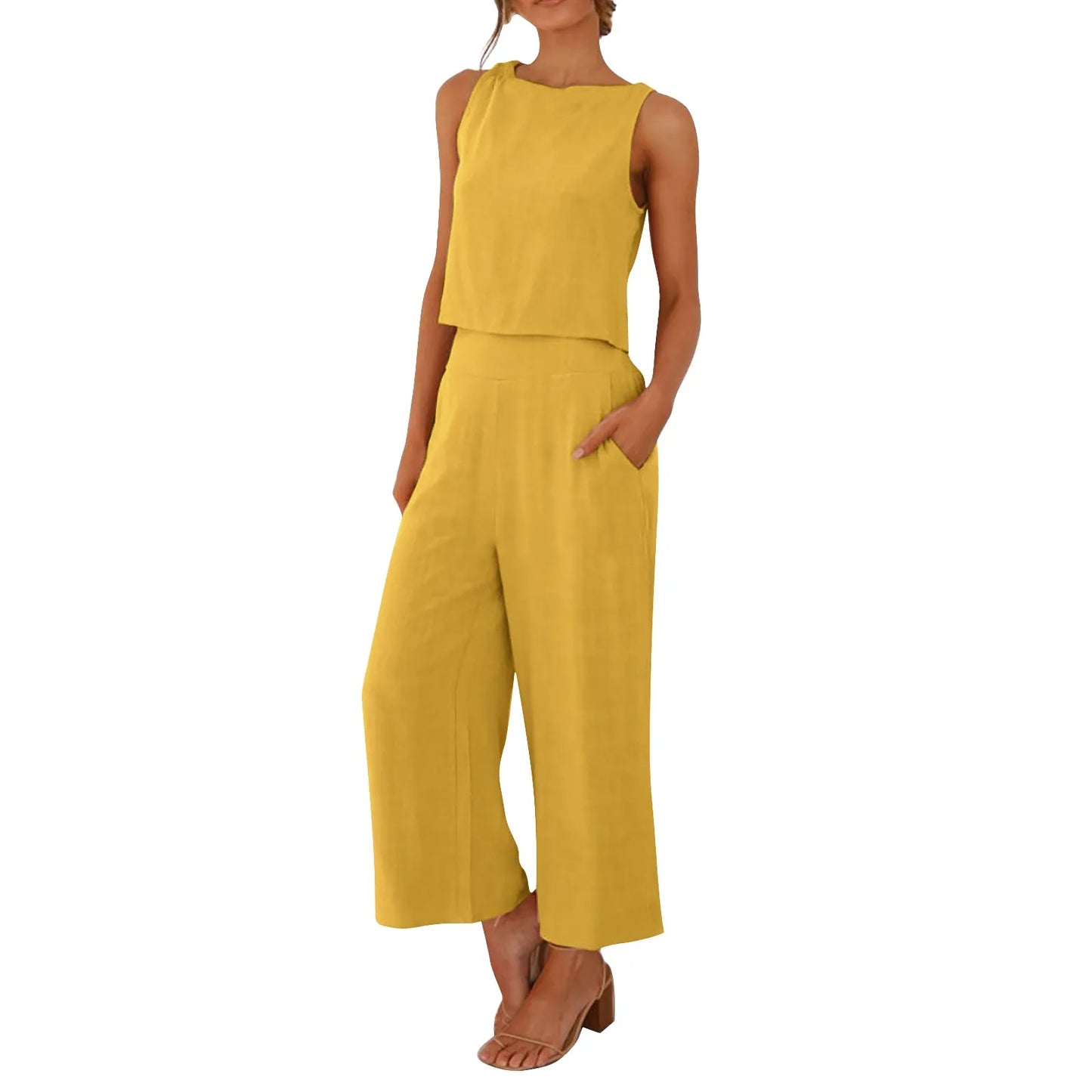 Damen Sommer Casual Leinen 2 Stück Hosen Set Solide Elegante Zwei Stück Anzug Ärmellose Weite Bein Hosen 2024 Neue In Passenden Sets