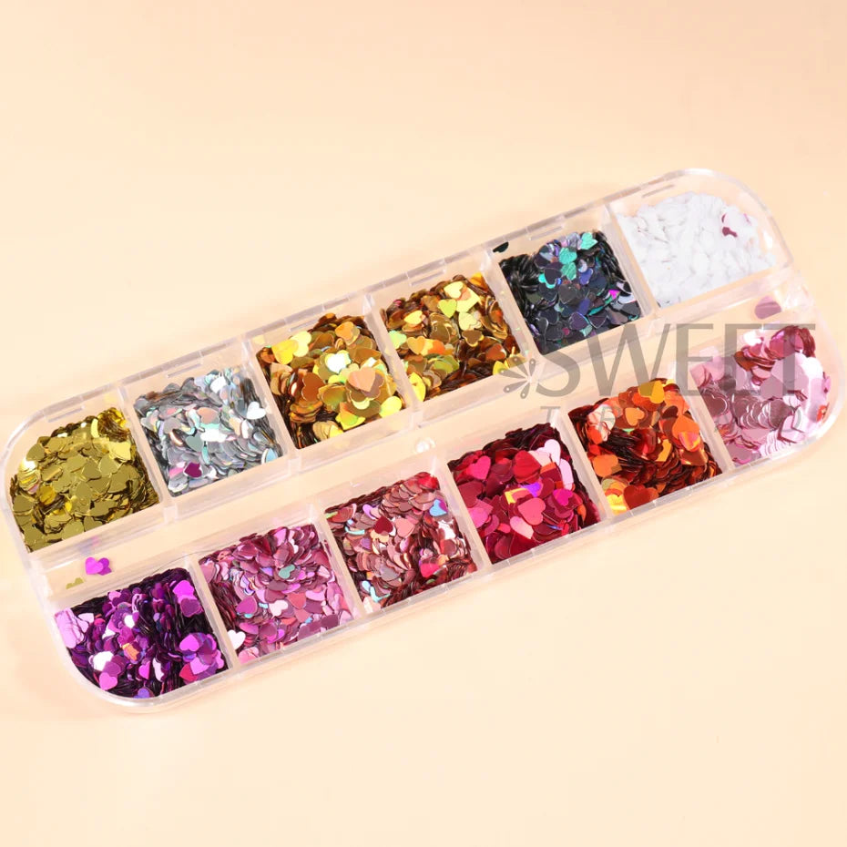 12 Grids Love Heart Nail Glitter Sequin Holo Nail Flakes Shiny Irridescent Laser Mix New Year Paillette Valentine Sequin BERX04