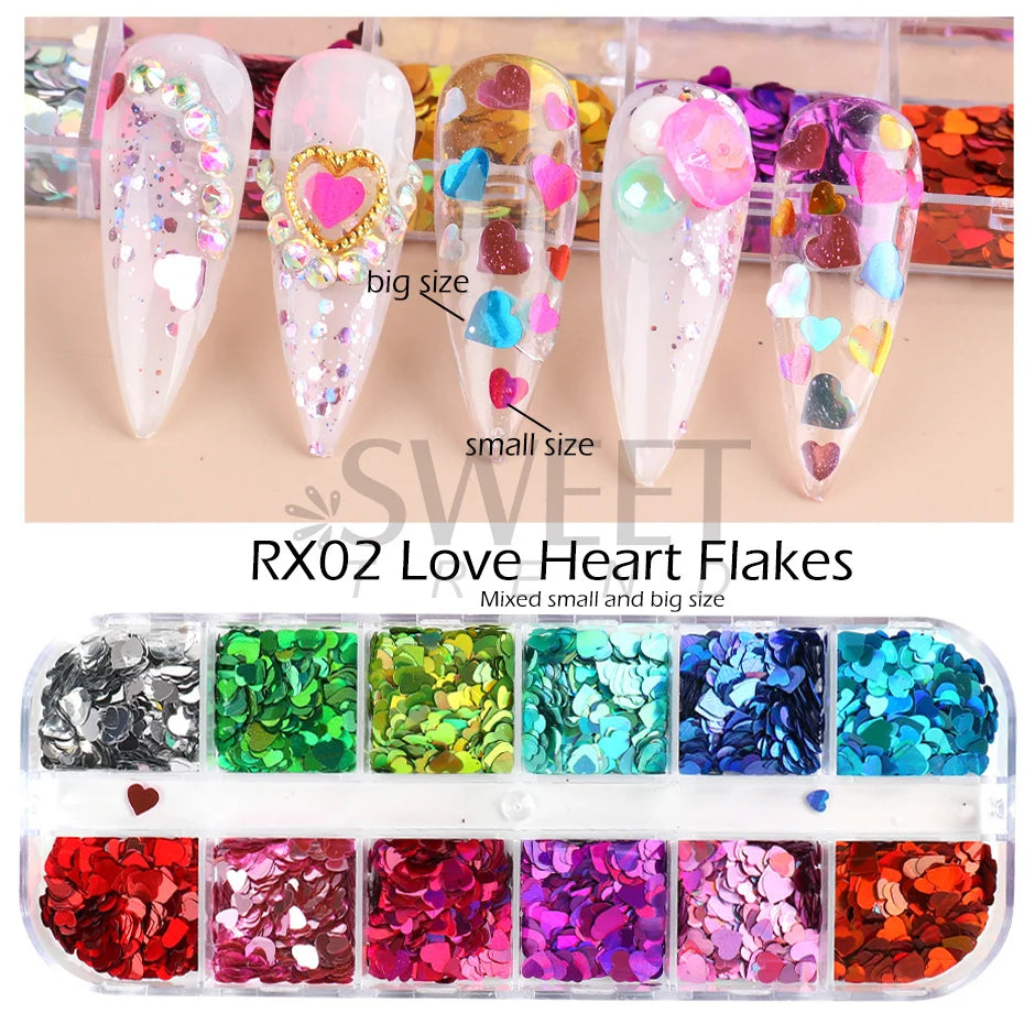 12 Grids Love Heart Nail Glitter Sequin Holo Nail Flakes Shiny Irridescent Laser Mix New Year Paillette Valentine Sequin BERX04