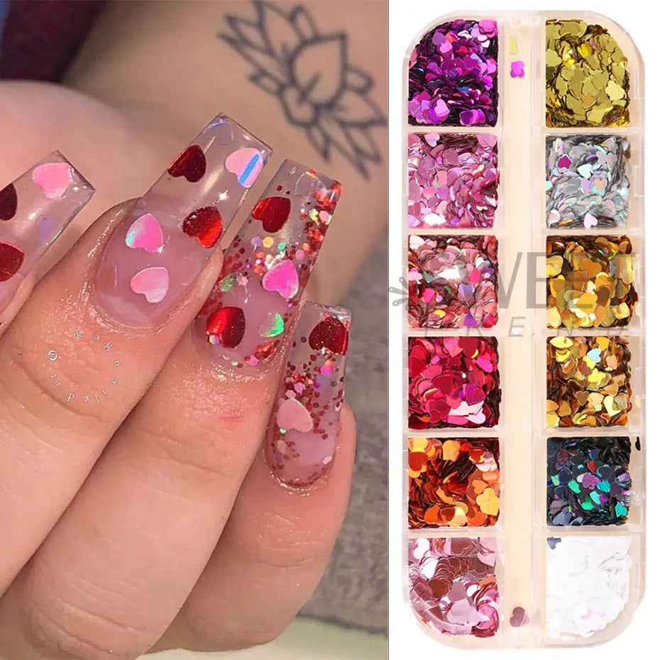 12 Grids Love Heart Nail Glitter Sequin Holo Nail Flakes Shiny Irridescent Laser Mix New Year Paillette Valentine Sequin BERX04