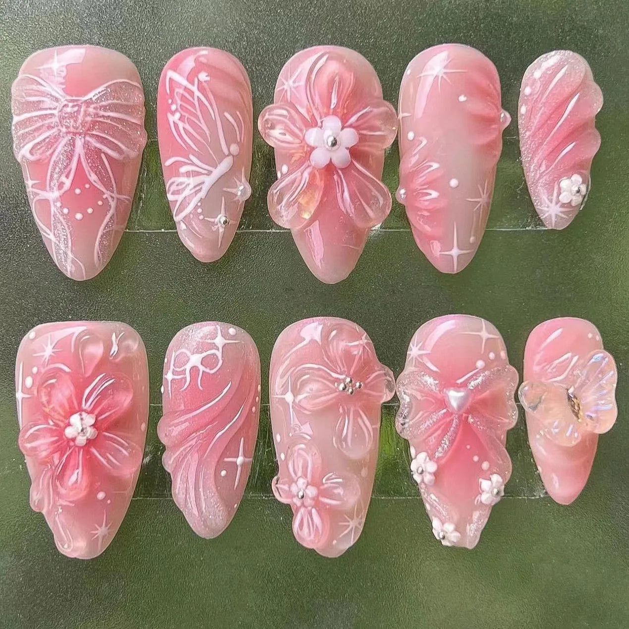 24 Stück süße falsche Nagelflicken, abnehmbare künstliche Nagelspitzen mit Schleifen, Liebesherz, Perlendesign, rosa Mandel, koreanisches Aufdrücken des Nagels