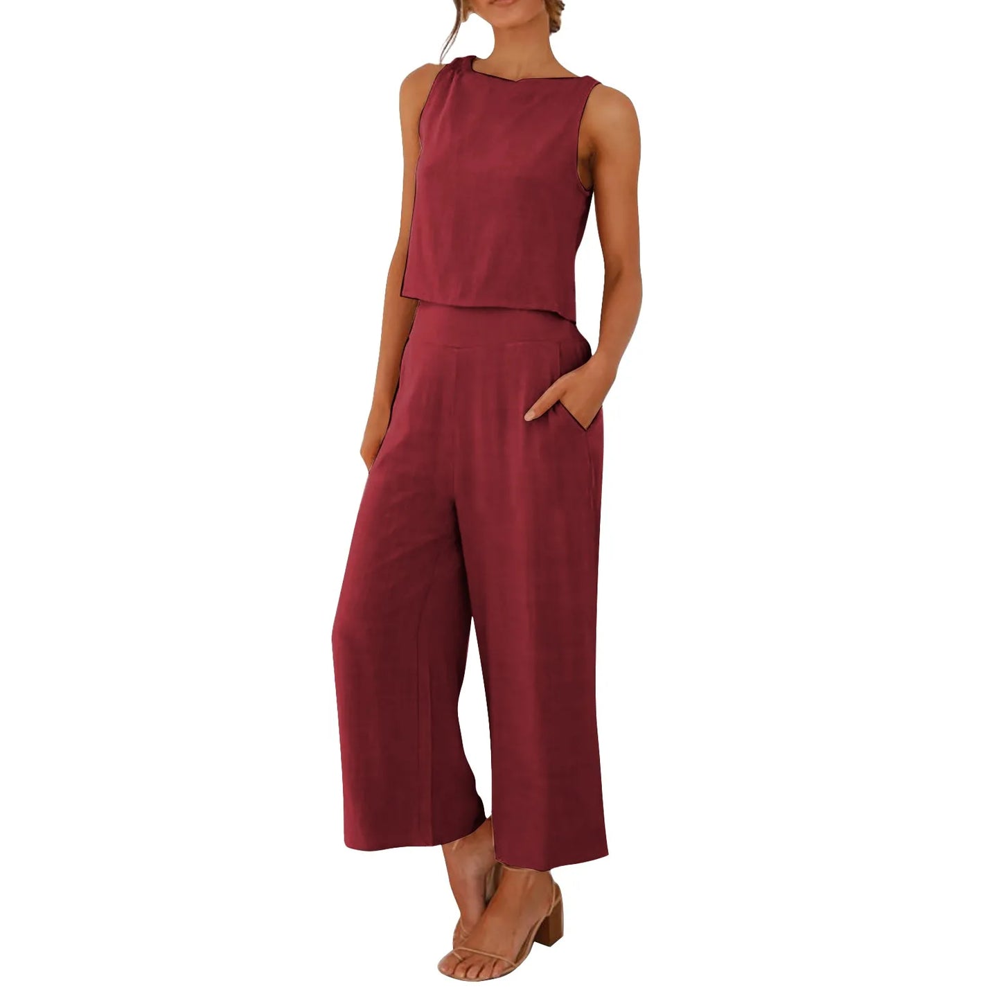 Damen Sommer Casual Leinen 2 Stück Hosen Set Solide Elegante Zwei Stück Anzug Ärmellose Weite Bein Hosen 2024 Neue In Passenden Sets