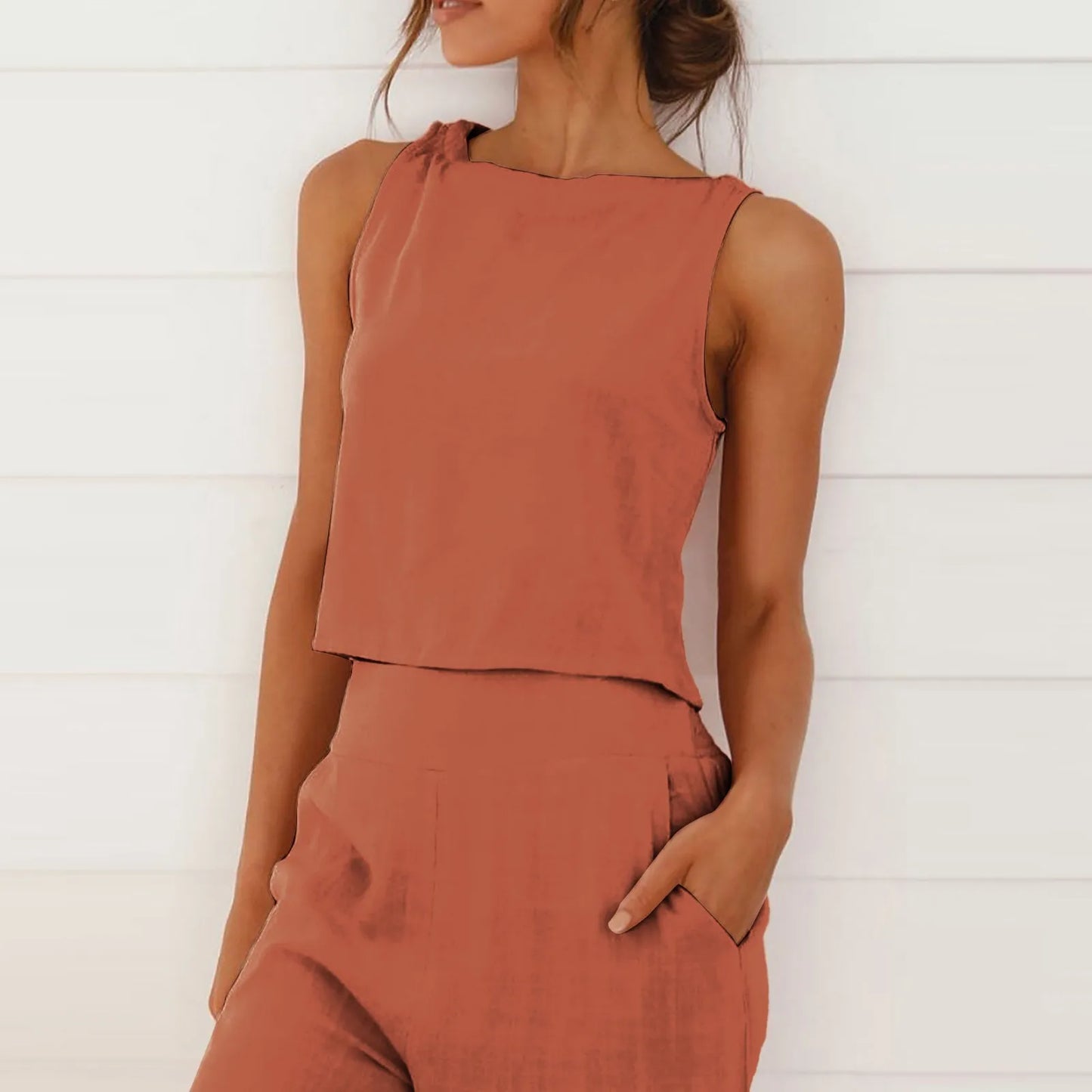 Damen Sommer Casual Leinen 2 Stück Hosen Set Solide Elegante Zwei Stück Anzug Ärmellose Weite Bein Hosen 2024 Neue In Passenden Sets