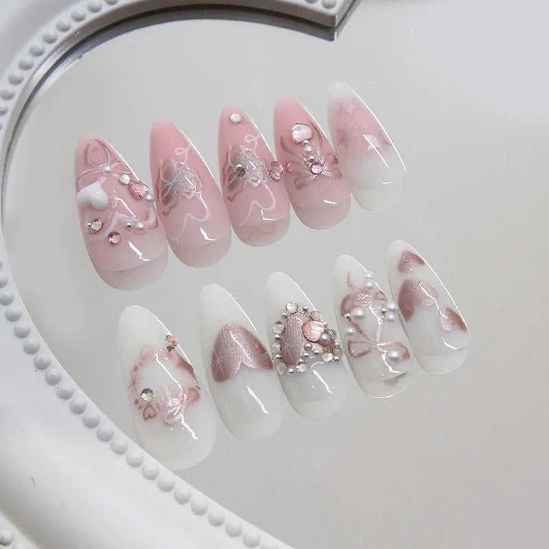 24 Stück süße falsche Nagelflicken, abnehmbare künstliche Nagelspitzen mit Schleifen, Liebesherz, Perlendesign, rosa Mandel, koreanisches Aufdrücken des Nagels