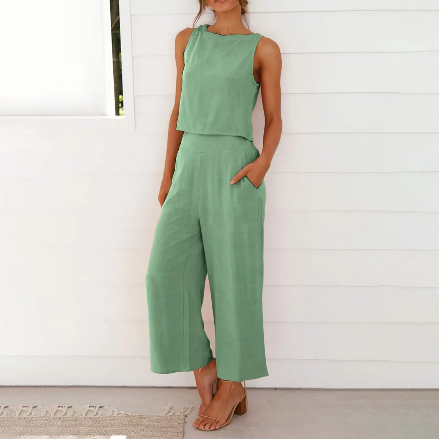 Damen Sommer Casual Leinen 2 Stück Hosen Set Solide Elegante Zwei Stück Anzug Ärmellose Weite Bein Hosen 2024 Neue In Passenden Sets