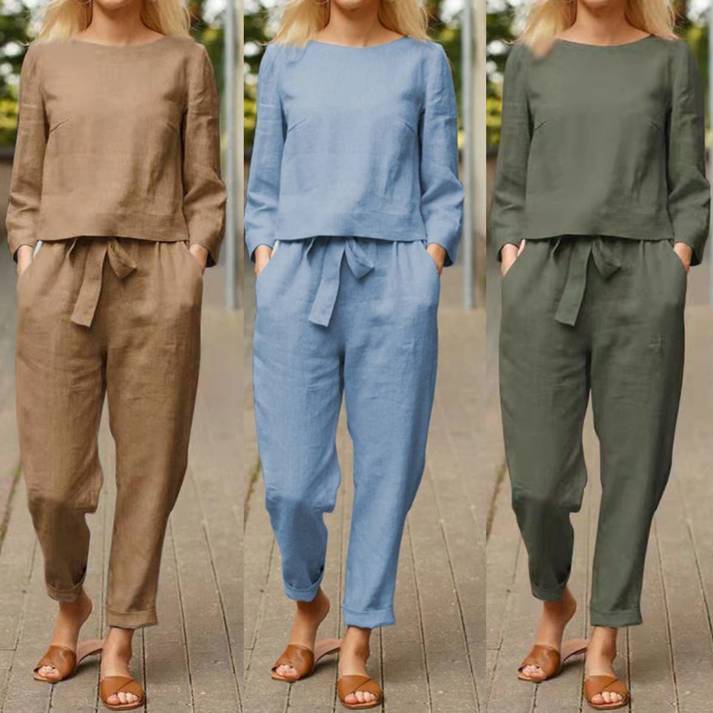 Elegantes 2-teiliges Damen-Sportbekleidungsset aus Baumwolle für den Herbst, Langarm-Oberteil, lockere Hosen, lässige Damenmode-Anzüge
