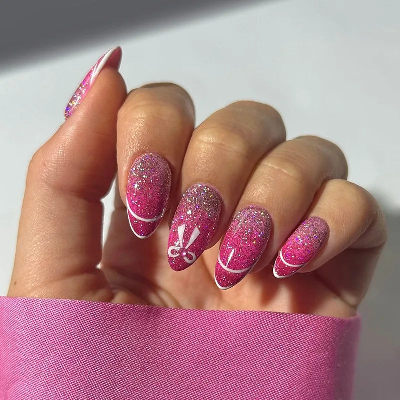 24 Stück süße falsche Nagelflicken, abnehmbare künstliche Nagelspitzen mit Schleifen, Liebesherz, Perlendesign, rosa Mandel, koreanisches Aufdrücken des Nagels