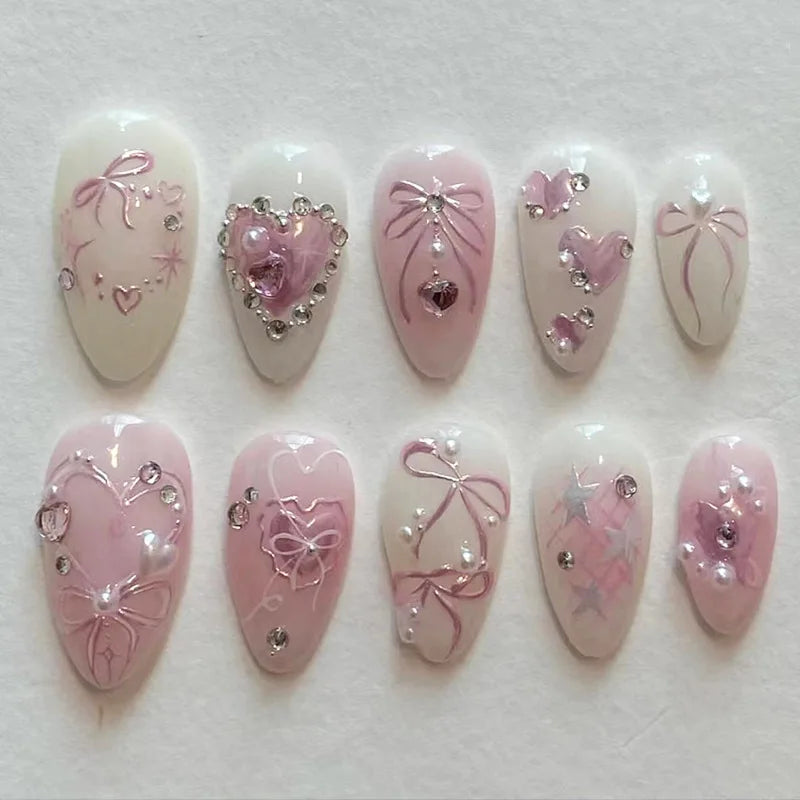 24 Stück süße falsche Nagelflicken, abnehmbare künstliche Nagelspitzen mit Schleifen, Liebesherz, Perlendesign, rosa Mandel, koreanisches Aufdrücken des Nagels