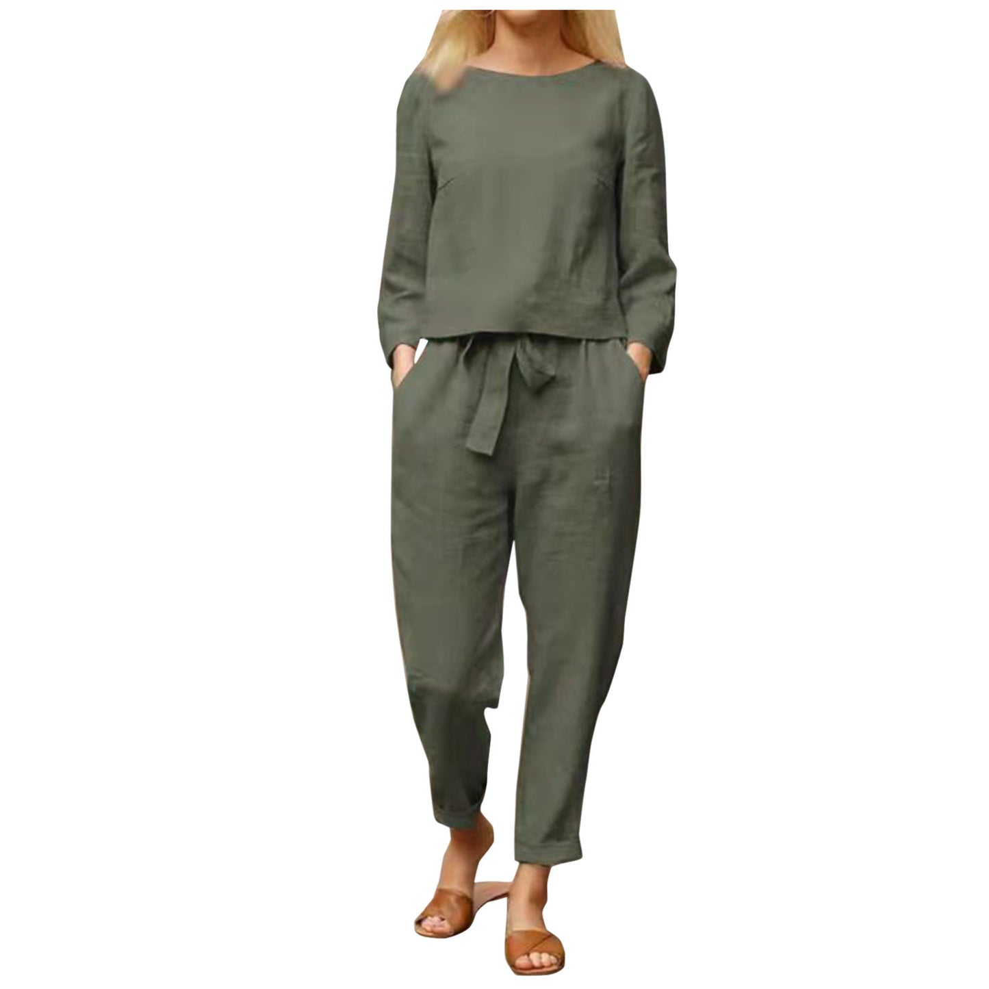 Elegantes 2-teiliges Damen-Sportbekleidungsset aus Baumwolle für den Herbst, Langarm-Oberteil, lockere Hosen, lässige Damenmode-Anzüge