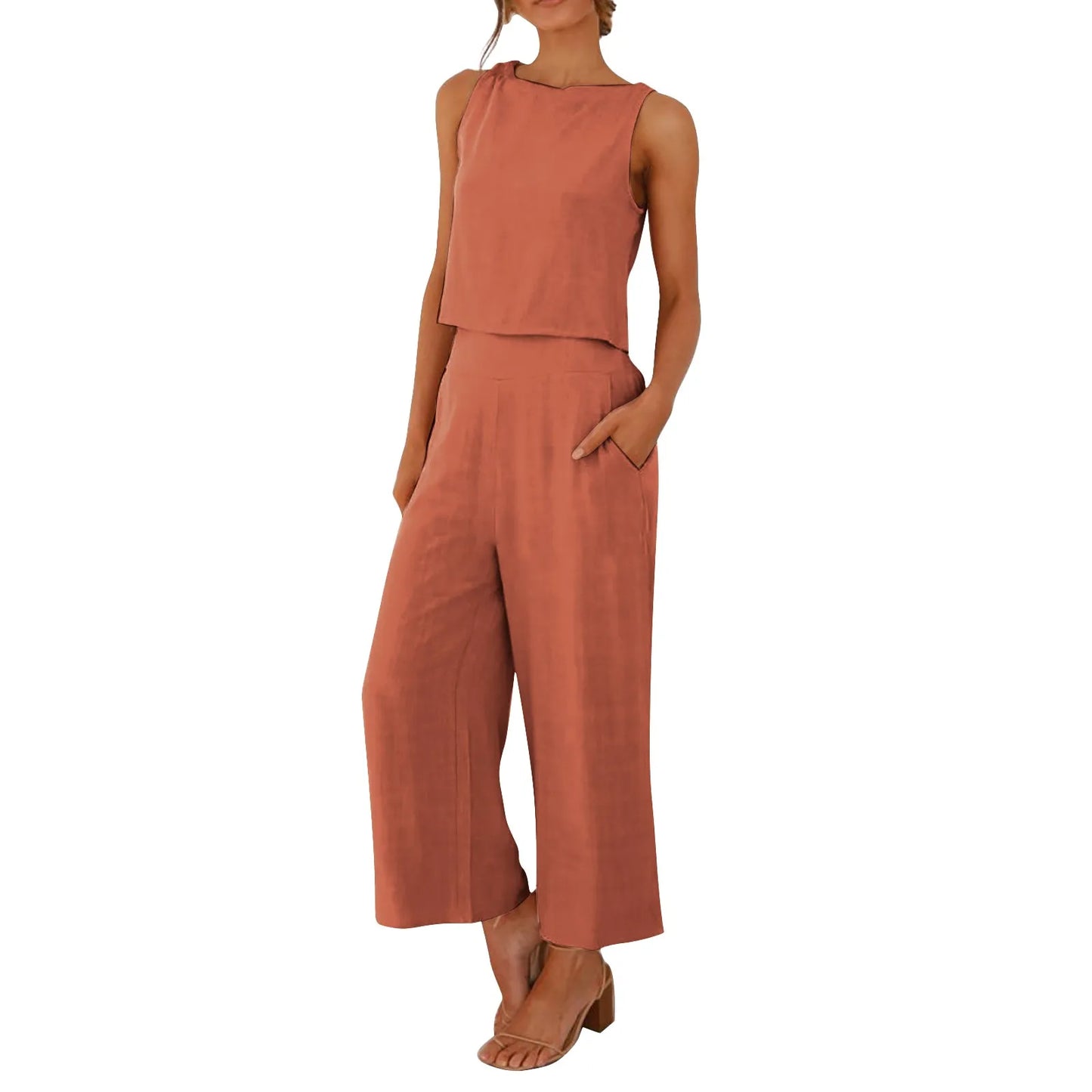 Damen Sommer Casual Leinen 2 Stück Hosen Set Solide Elegante Zwei Stück Anzug Ärmellose Weite Bein Hosen 2024 Neue In Passenden Sets