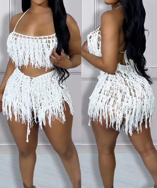 Frauen Zwei Stück Sets Outfit 2024 Sommer Neue Sexy Spaghetti Strap Crop Crochet Top &amp; Mode Quaste Design Shorts Set Casual