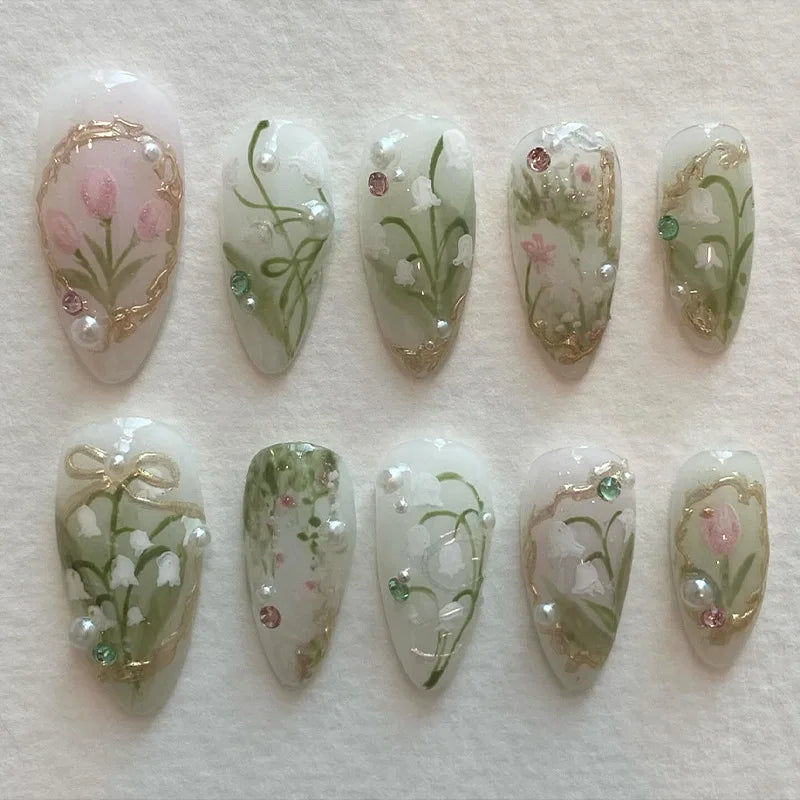 24 Stück süße falsche Nagelflicken, abnehmbare künstliche Nagelspitzen mit Schleifen, Liebesherz, Perlendesign, rosa Mandel, koreanisches Aufdrücken des Nagels