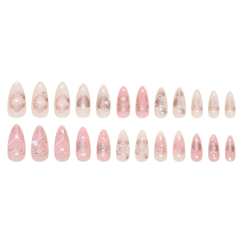 24 Stück süße falsche Nagelflicken, abnehmbare künstliche Nagelspitzen mit Schleifen, Liebesherz, Perlendesign, rosa Mandel, koreanisches Aufdrücken des Nagels