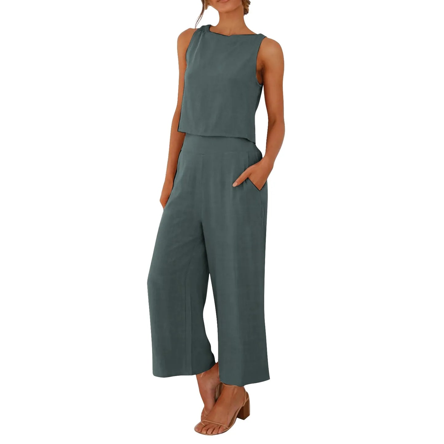 Damen Sommer Casual Leinen 2 Stück Hosen Set Solide Elegante Zwei Stück Anzug Ärmellose Weite Bein Hosen 2024 Neue In Passenden Sets
