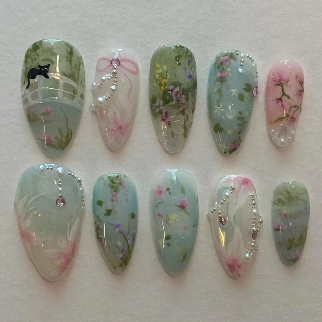 24 Stück süße falsche Nagelflicken, abnehmbare künstliche Nagelspitzen mit Schleifen, Liebesherz, Perlendesign, rosa Mandel, koreanisches Aufdrücken des Nagels