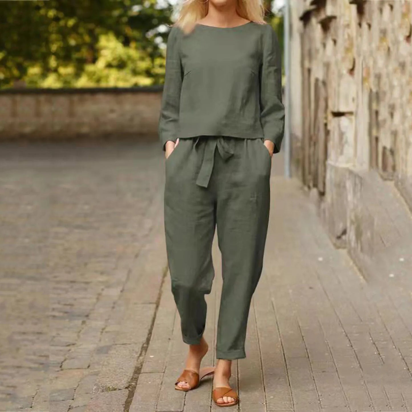 Elegantes 2-teiliges Damen-Sportbekleidungsset aus Baumwolle für den Herbst, Langarm-Oberteil, lockere Hosen, lässige Damenmode-Anzüge