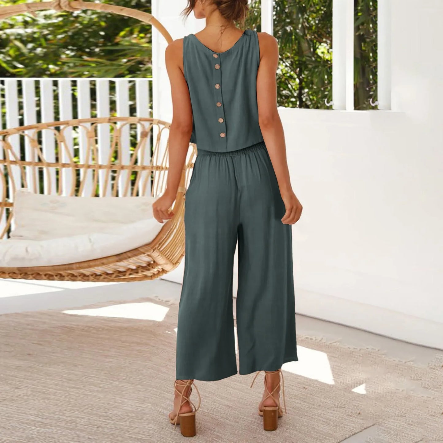 Damen Sommer Casual Leinen 2 Stück Hosen Set Solide Elegante Zwei Stück Anzug Ärmellose Weite Bein Hosen 2024 Neue In Passenden Sets