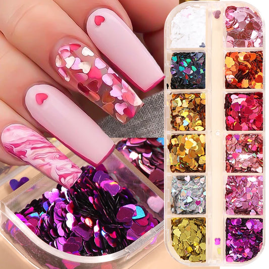 12 Grids Love Heart Nail Glitter Sequin Holo Nail Flakes Shiny Irridescent Laser Mix New Year Paillette Valentine Sequin BERX04