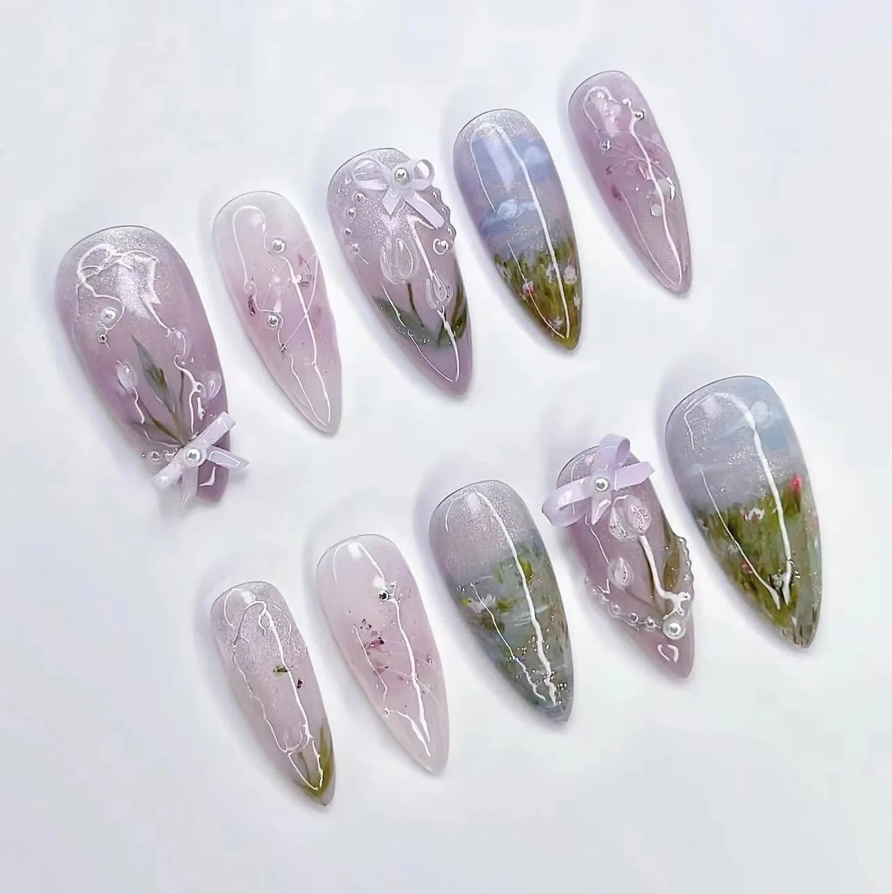24 Stück süße falsche Nagelflicken, abnehmbare künstliche Nagelspitzen mit Schleifen, Liebesherz, Perlendesign, rosa Mandel, koreanisches Aufdrücken des Nagels