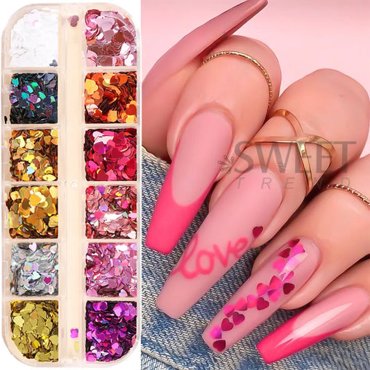 12 Grids Love Heart Nail Glitter Sequin Holo Nail Flakes Shiny Irridescent Laser Mix New Year Paillette Valentine Sequin BERX04