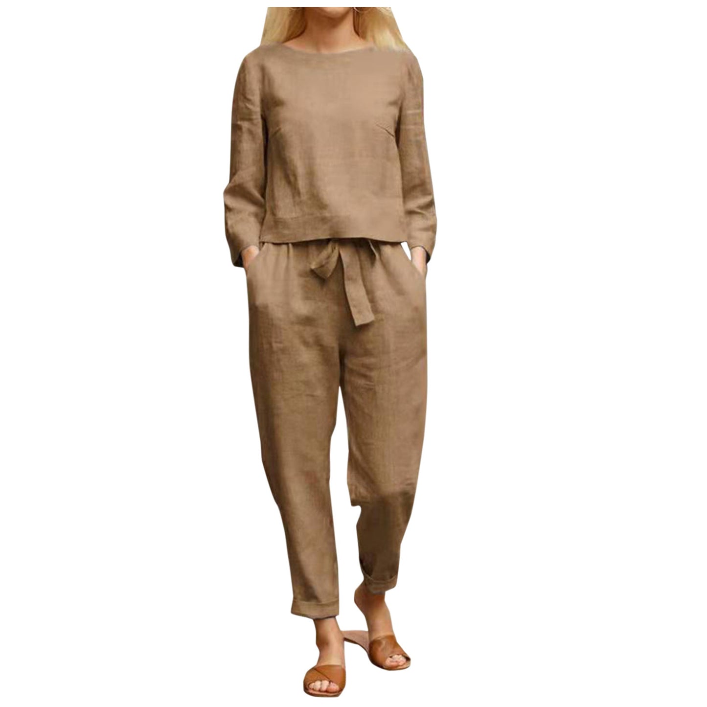 Elegantes 2-teiliges Damen-Sportbekleidungsset aus Baumwolle für den Herbst, Langarm-Oberteil, lockere Hosen, lässige Damenmode-Anzüge