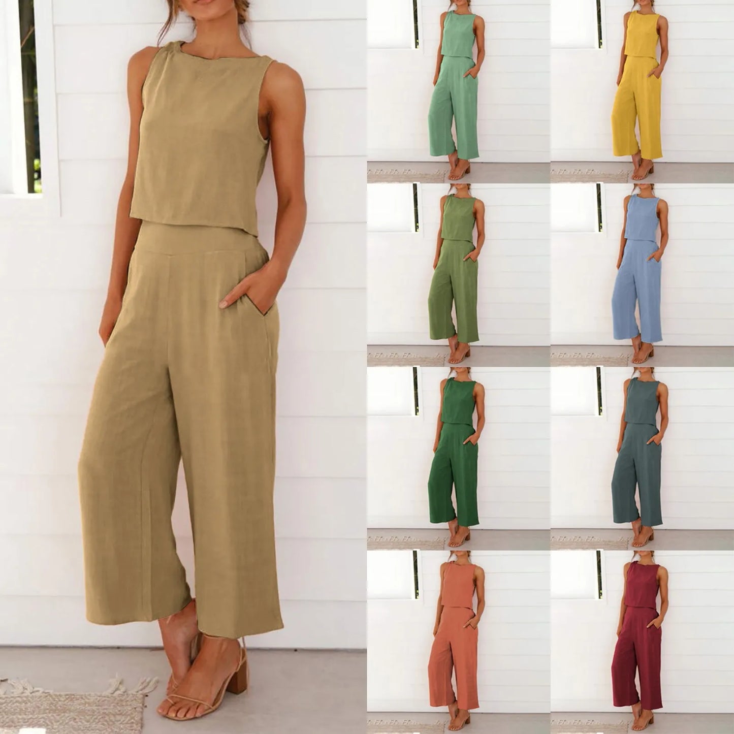 Damen Sommer Casual Leinen 2 Stück Hosen Set Solide Elegante Zwei Stück Anzug Ärmellose Weite Bein Hosen 2024 Neue In Passenden Sets