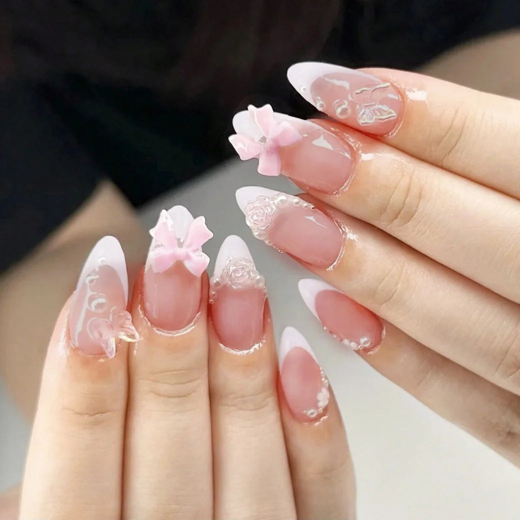 24 Stück süße falsche Nagelflicken, abnehmbare künstliche Nagelspitzen mit Schleifen, Liebesherz, Perlendesign, rosa Mandel, koreanisches Aufdrücken des Nagels